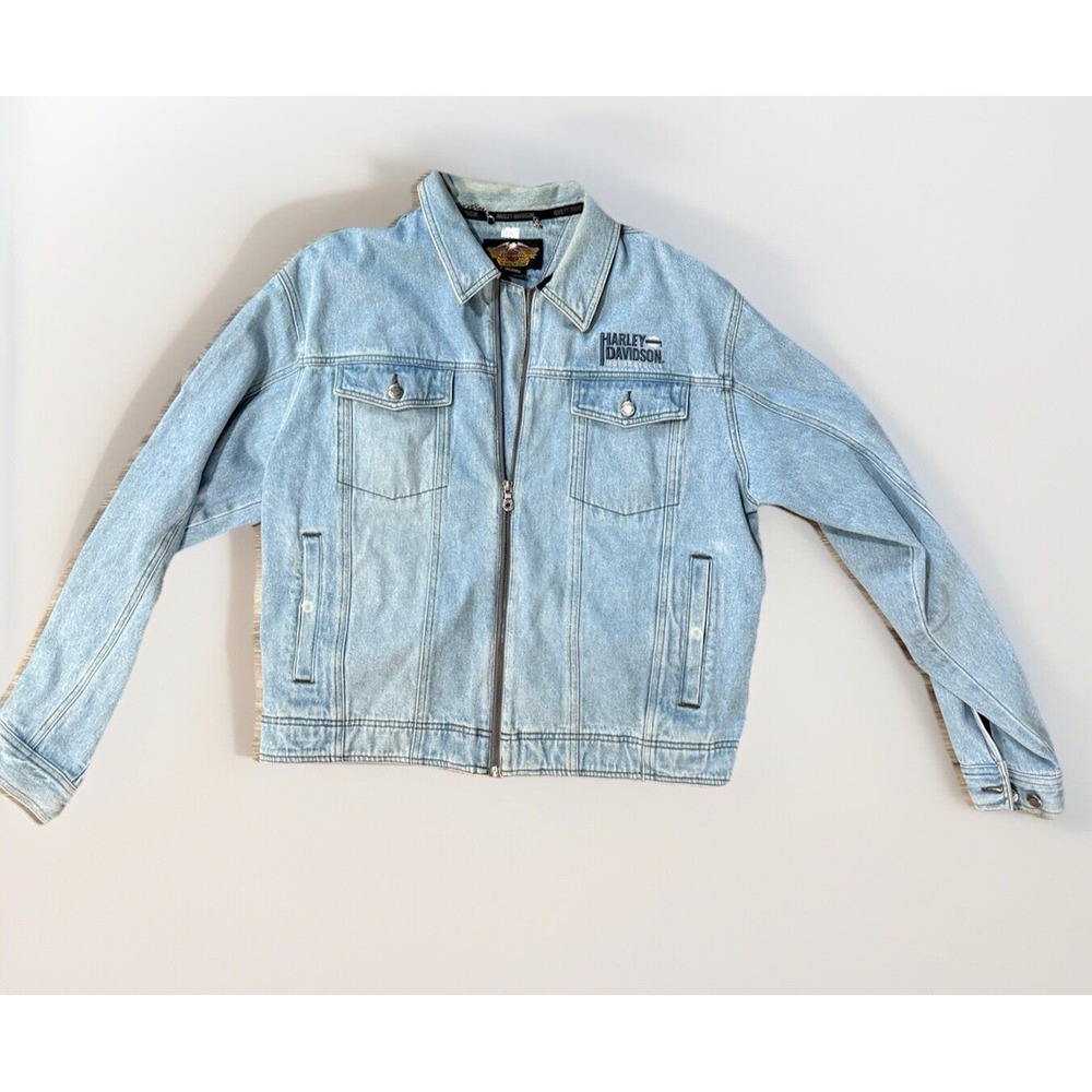 Harley Davidson Full Zip Light Wash Denim Jean Jacket Men's Size Xl Patch